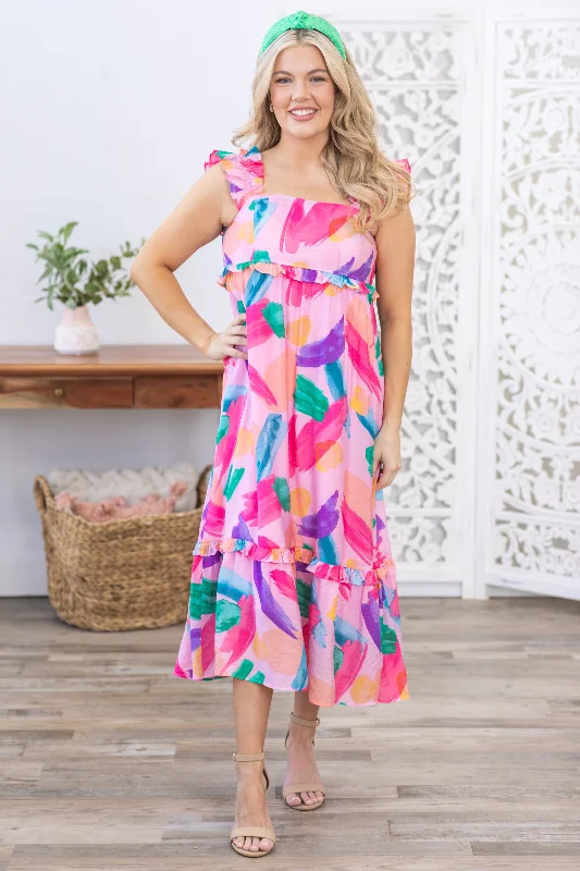 Women's midi dress glamorous -Pink Multicolor Ruffle Straps Midi Dress