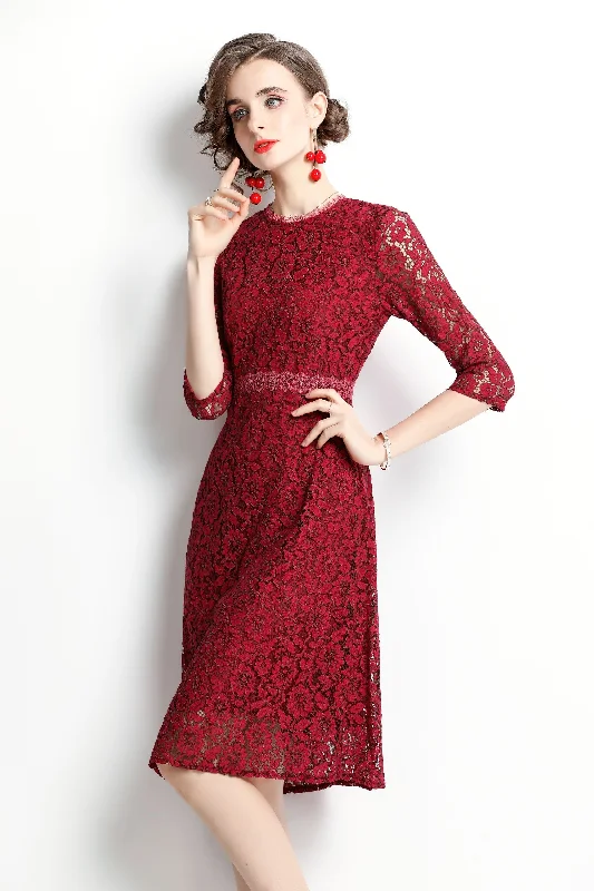 Ladies party dress flutter sleeve -Red Cocktail & Party A-line Crewneck Elbow Sleeve Knee Lace Dress