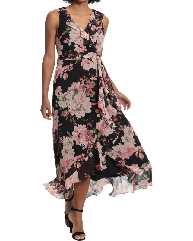 Ladies maxi dress slate -Floral Ruffled Chiffon Maxi Dress In Black/Blush | Black/Blush