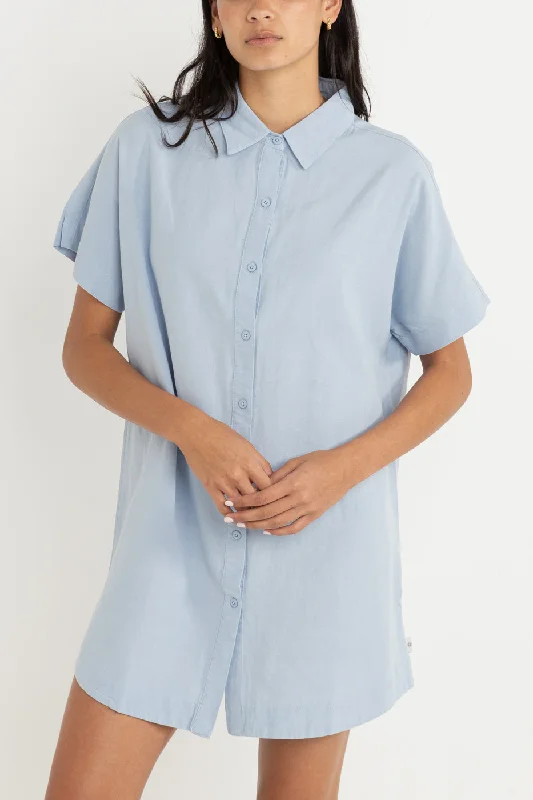 Women's shirt dress subtle embroidery -Classic Shirt Dress Blue