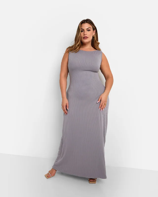 Ladies maxi dress comfy -Camila Ribbed Cap Sleeve Maxi Bodycon Dress - Light Gray | Gray