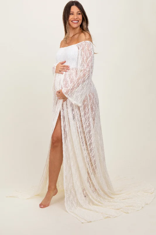 Women's maternity dress discount -Ivory Lace Off Shoulder Maternity Photoshoot Gown/Dress