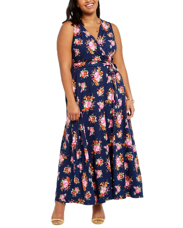 Ladies maxi dress asymmetrical hem -Love Squared Women's Plus Size Trendy Surplice Floral-Print Maxi Dress Navy Size 1X | Blue