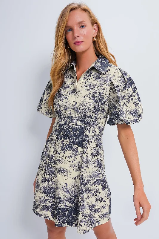 Ladies mini dress edgy -Navy Toile Mini Delaney Dress