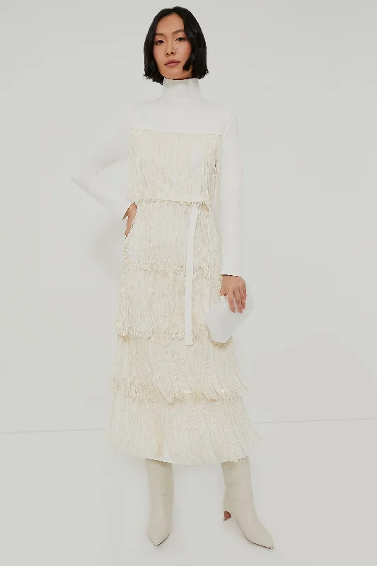 Women's midi dress flutter sleeve -Ivory Fringe Midi Dress