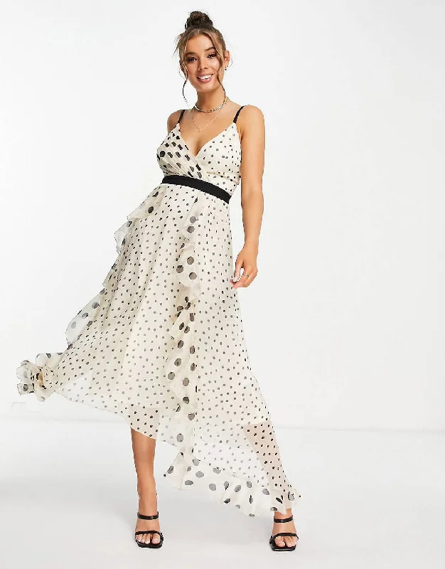 Ladies maxi dress magenta -Monochrome Polka Dot Maxi Dress