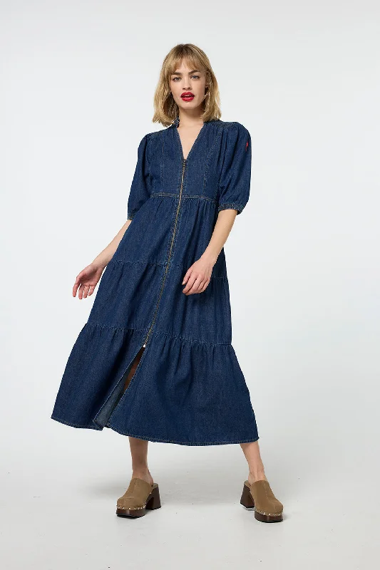 Women's midi dress cheap -Authentic Indigo Zip Detail Tiered Midi Denim Dress