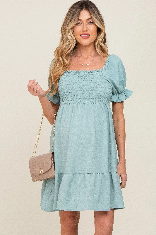 Women's maternity dress ombre -Mint Smocked Ruffle Trim Maternity Dress