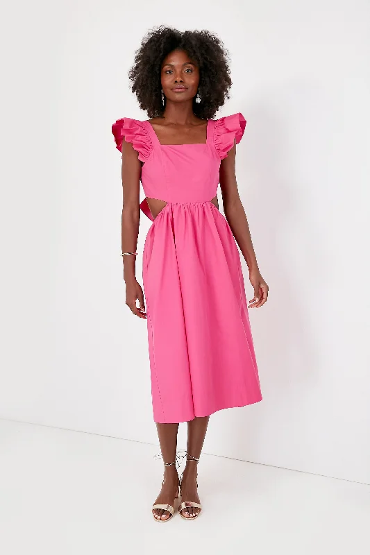 Women's midi dress brunch -Fuchsia Flutter Sleeve Aspyn Midi Dress