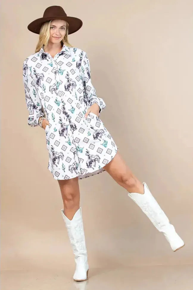 Women's shirt dress crisp denim -Cowboy Rodeo Cactus Print Button Down Shirt