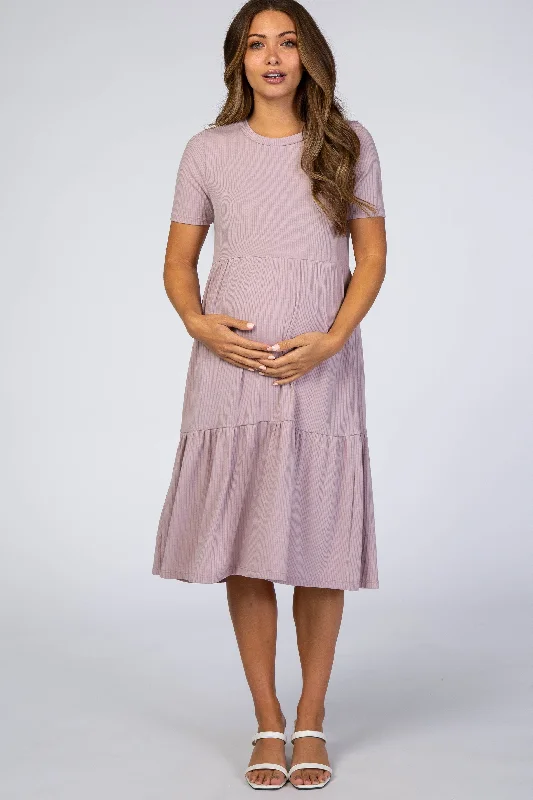 Women's maternity dress cotton -Lavender Ribbed Tiered Maternity Dress