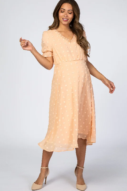 Women's maternity dress knot detail -Peach Swiss Dot Ruffle Trim Maternity Dress