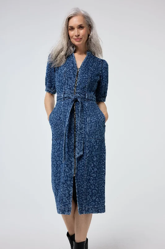 Women's midi dress fall -Authentic Indigo Leopard Zip Detail Midi Denim Dress