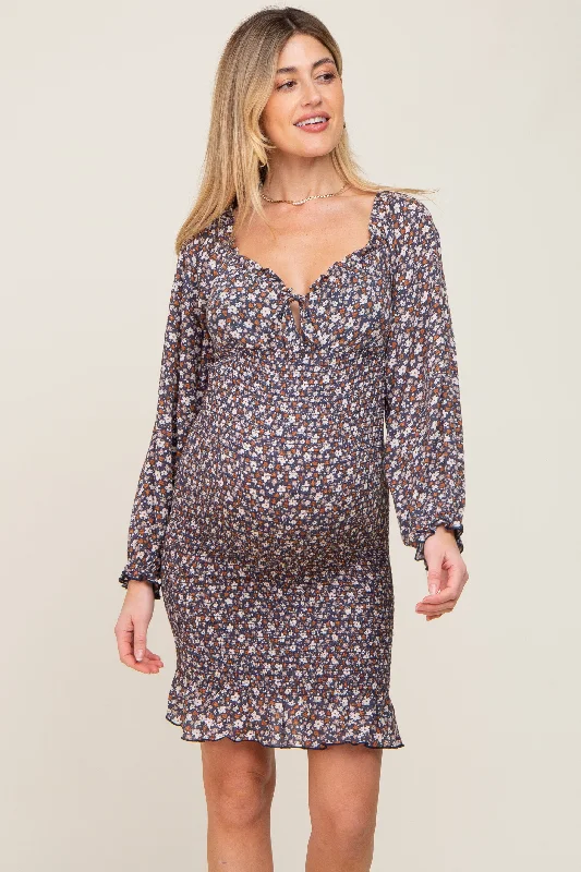 Women's maternity dress shift -Navy Floral Print Long Sleeve Smocked Maternity Dress