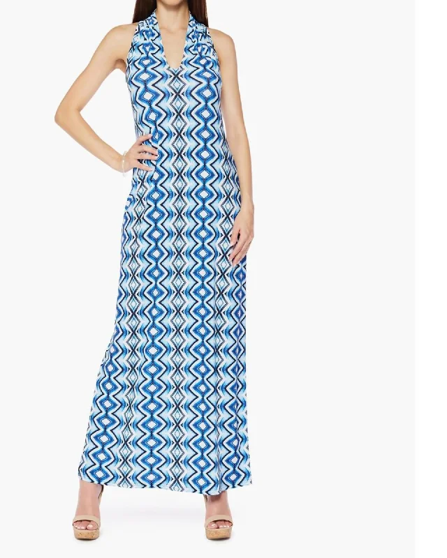 Ladies maxi dress notched neck -Maxi-Length V-Neck Microfiber Sleeveless Dress In Fortune (Bright Blue Vertical Diamond Pattern) | Fortune (Bright Blue Vertical Diamond Pattern)