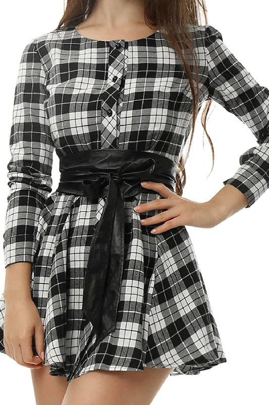 Women's shirt dress short collar -Iyasson Women's Long Sleeve Plaid Print Shirt Dress