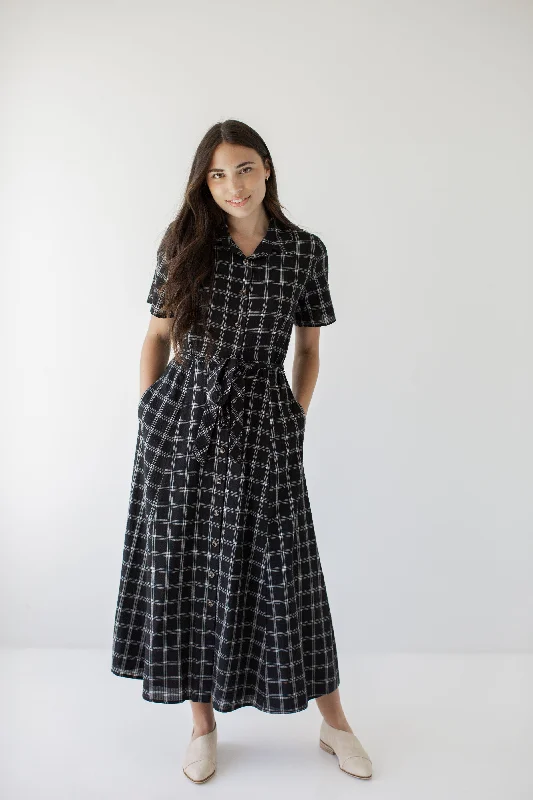 Women's shirt dress relaxed fit -'Mae' A-Line Cotton Plaid Print Shirtdress in Black