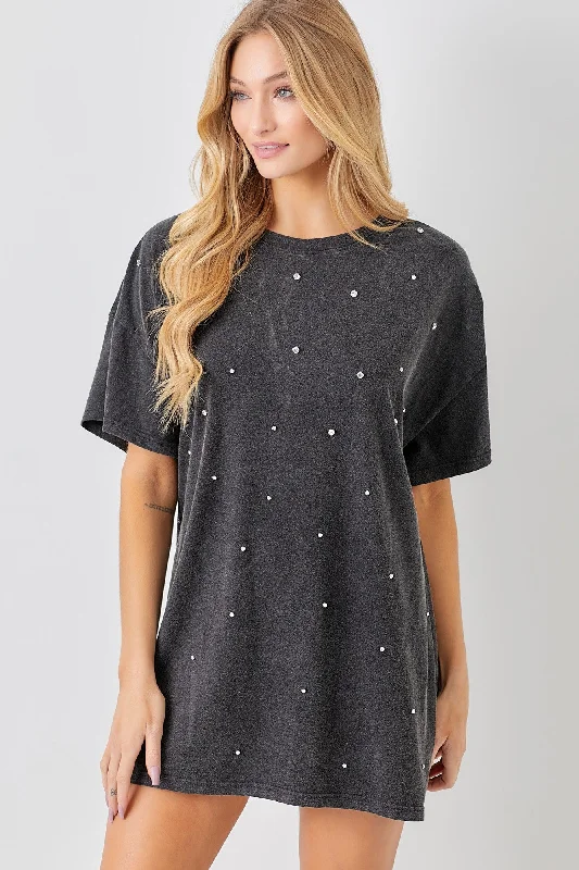 Women's shirt dress casual teal -Black T-Shirt Dress With Rhinestone Detail