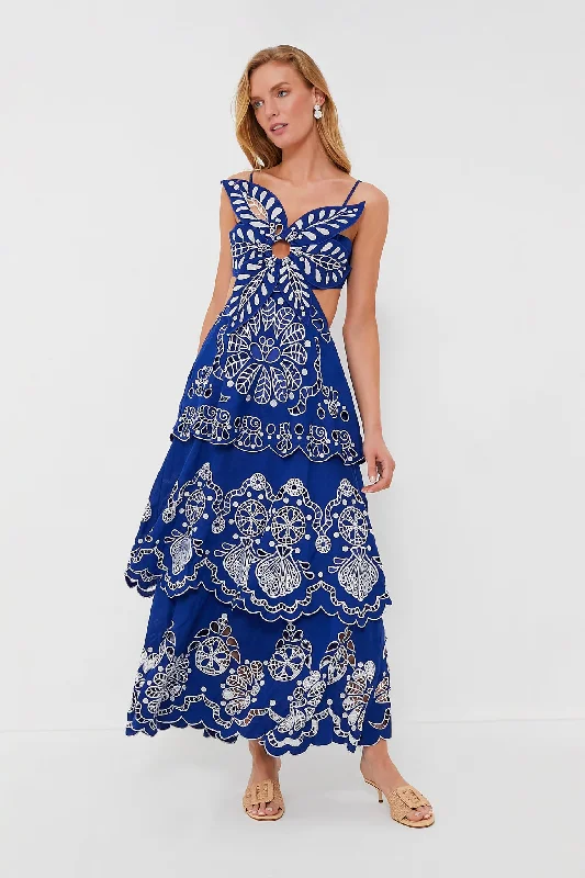 Women's midi dress white -Blue Flower Richelieu Midi Dress