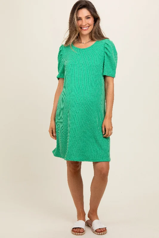 Women's maternity dress short sleeve -Green Washed Ribbed Puff Sleeve Maternity Dress