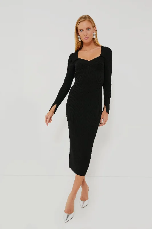 Women's midi dress high neck -Black Long Sleeve Sculpted Midi Dress