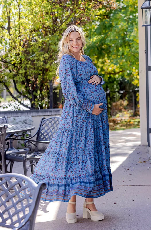 Women's maternity dress bell sleeve -Kali Blue Floral Dress - DM Exclusive - Maternity Friendly