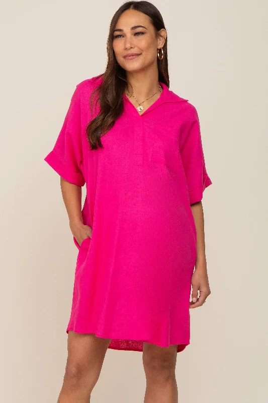 Women's maternity dress 70s style -Fuchsia Linen Collared Front Pocket Short Sleeve Maternity Dress