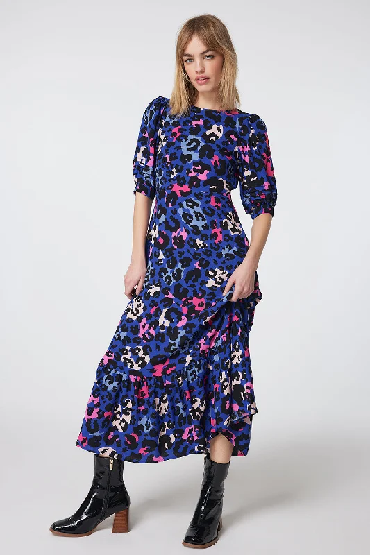 Women's midi dress tiger print -Bright Blue with Pink and Black Mixed Leopard Pintuck Puff Sleeve Midi Dress