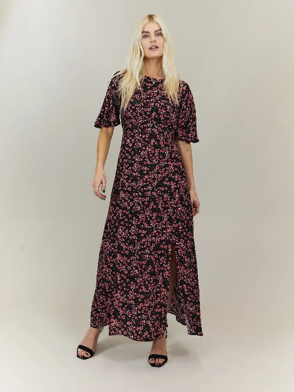 Women's midi dress cold shoulder -Bailey Angel Sleeve Midi Dress / Dark Floral Print