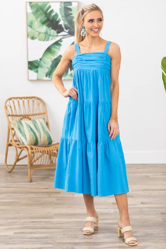 Women's midi dress minimalist -Blue Ruched Bodice Midi Dress