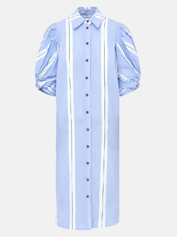 Women's shirt dress crisp twill -Ines Knot Sleeve Shirt Dress White & Blue Stripe