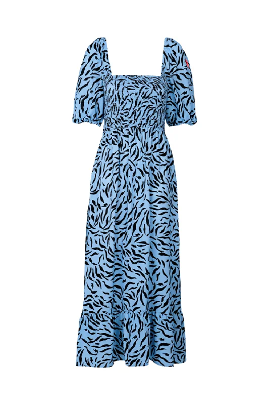 Women's midi dress jewel tone -Pale Blue with Black Zebra Shirred Midi Dress