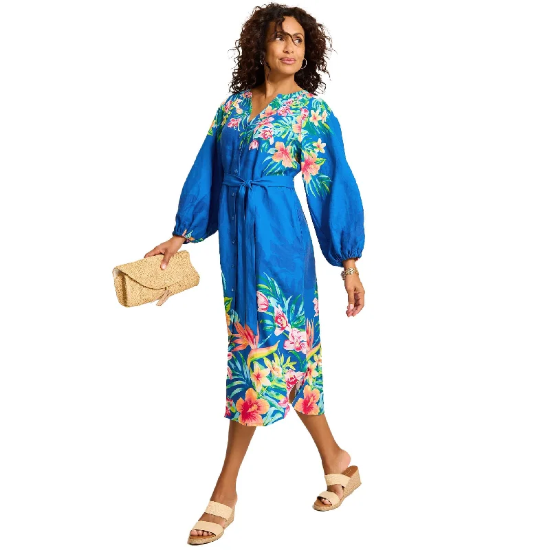 Women's midi dress pastel yellow -Tommy Bahama Women's Topi-Flore Midi Shirt Linen Dress - Cobalt Sea