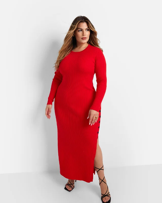 Ladies maxi dress concert -Elsie Knit Button Detail Maxi Bodycon Dress | Red