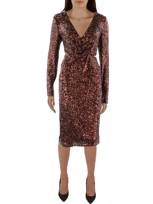 Ladies party dress metallic shine -Womens Twist Front Knee Length Cocktail And Party Dress