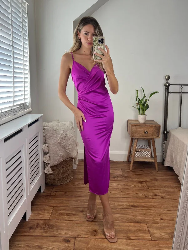 Women's midi dress chiffon -Vera Satin Drape Midi Dress in Purple