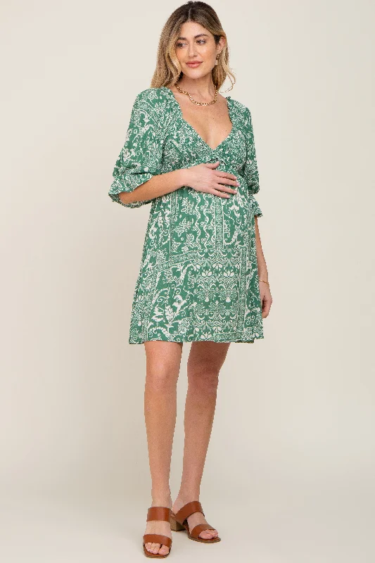 Women's maternity dress neutral -Green Paisley Smocked V-Neck 3/4 Ruffle Sleeve Maternity Dress