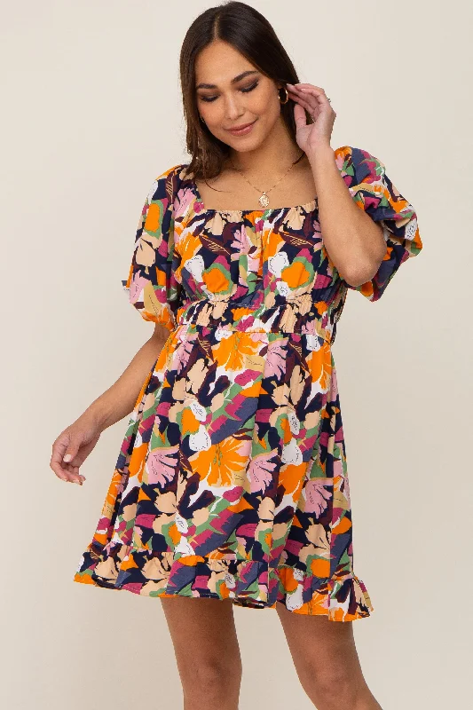 Women's maternity dress chic -Multicolor Floral Pint Puff Sleeve Maternity Dress