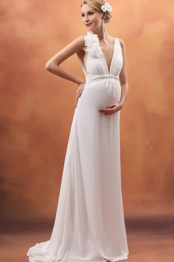 Women's maternity dress work -Backless Deep V-Neck Empire Maternity Dress With Flower