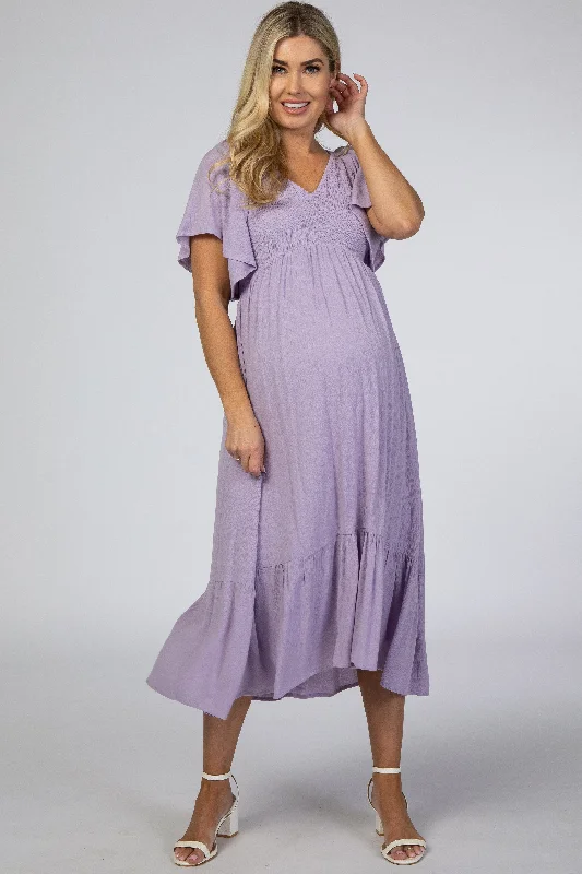 Women's maternity dress polyester -Lavender Smocked Ruffle Maternity Dress