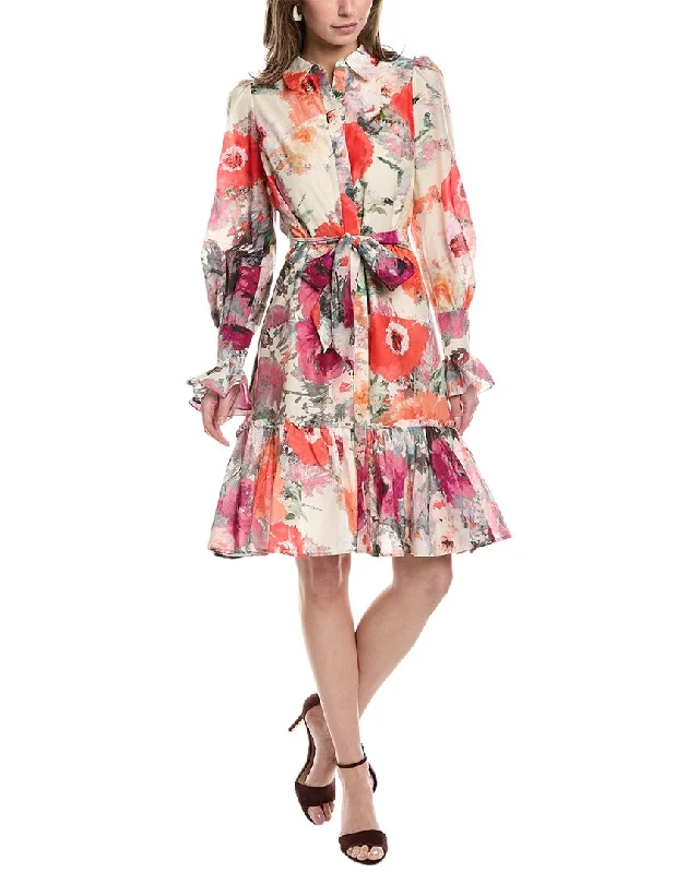 Women's shirt dress lightweight cotton -Marchesa Notte Altheda Silk-Blend Shirtdress