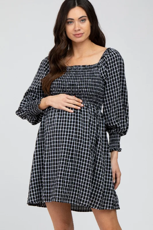 Women's maternity dress abstract -Black Plaid Smocked Maternity Dress