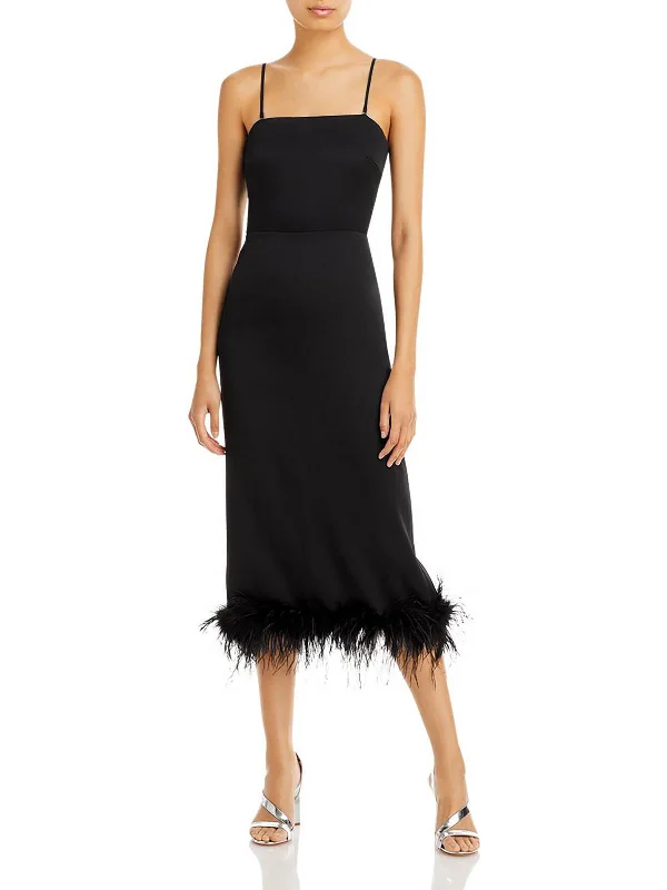 Ladies party dress sheer -Womens Faux Feather Trim Back slit Cocktail and Party Dress