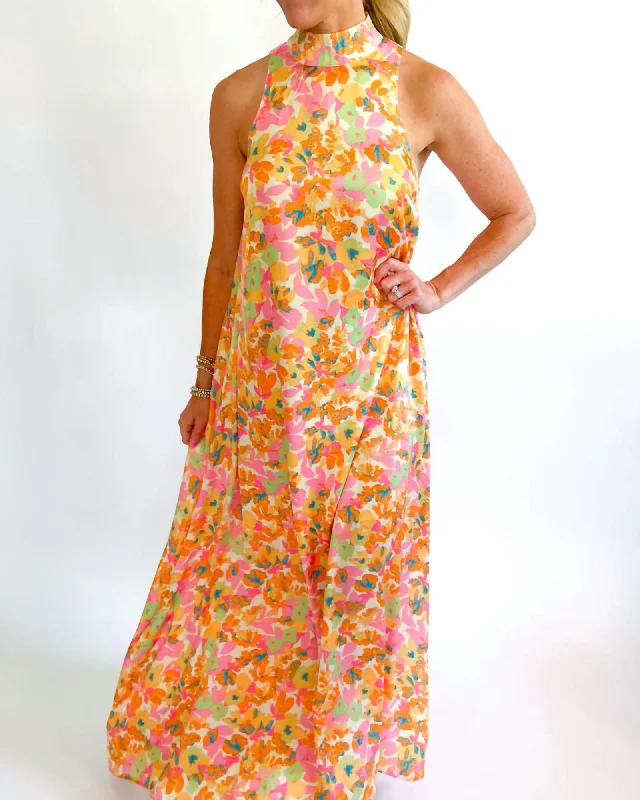 Ladies maxi dress abstract -Floral Satin Halter Maxi Dress in Orange Multi | Orange Multi