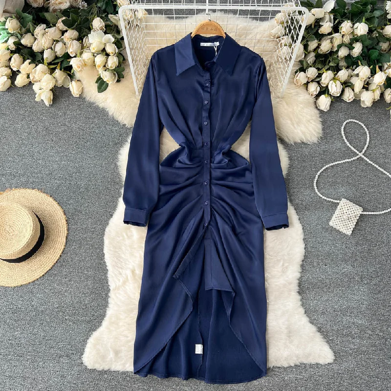 Women's shirt dress vintage twill -Irregular Pleated V-neck Shirt Dress Women's