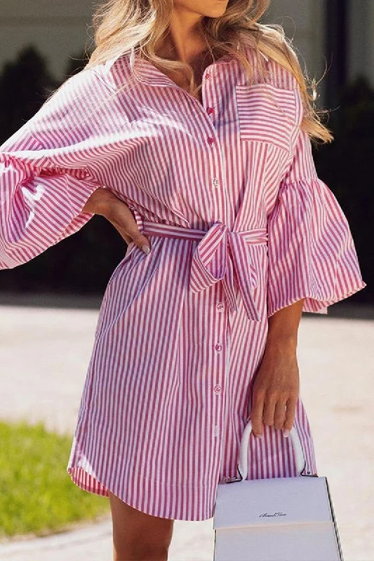 Women's shirt dress autumn tones -WOMEN PUFF SLEEVE STRIPE PINK SHIRTS DRESS