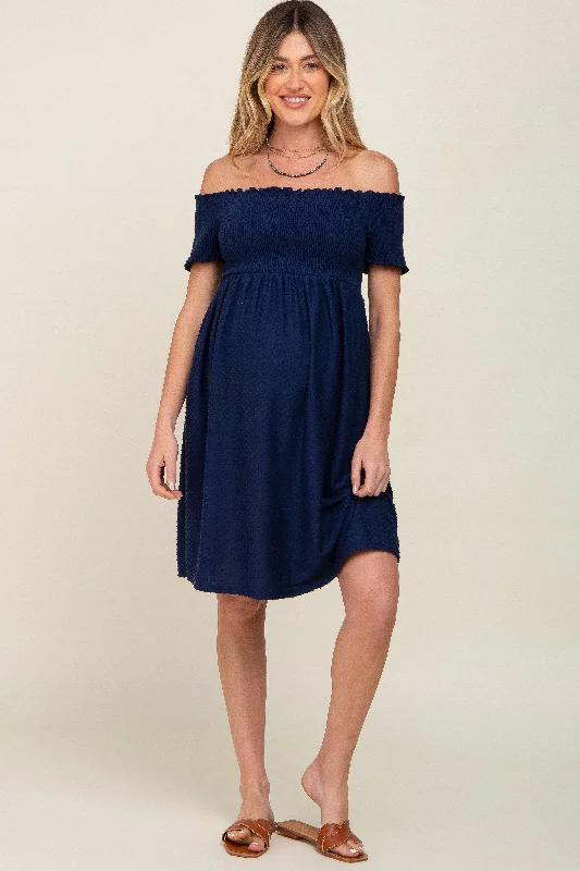 Women's maternity dress breathable -Navy Swiss Dot Off Shoulder Maternity Dress