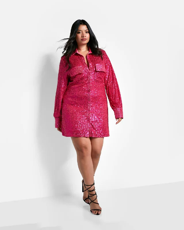 Women's shirt dress vintage denim -Sapphire Sequin Oversized Shirt Dress | Fuchsia