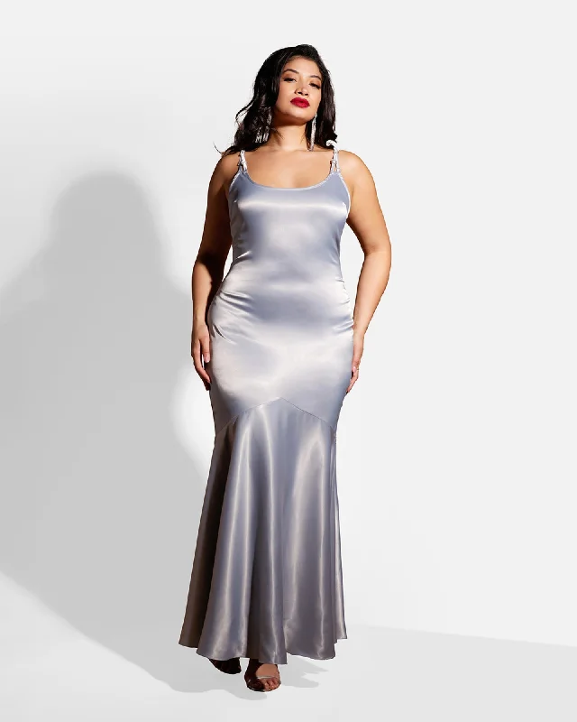 Ladies maxi dress fit and flare -Aurelia Satin Mermaid Maxi Bodycon Dress - Platinum | Platinum