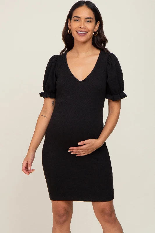 Women's maternity dress maternity photoshoot -Black Smocked Short Puff Sleeve Maternity Dress